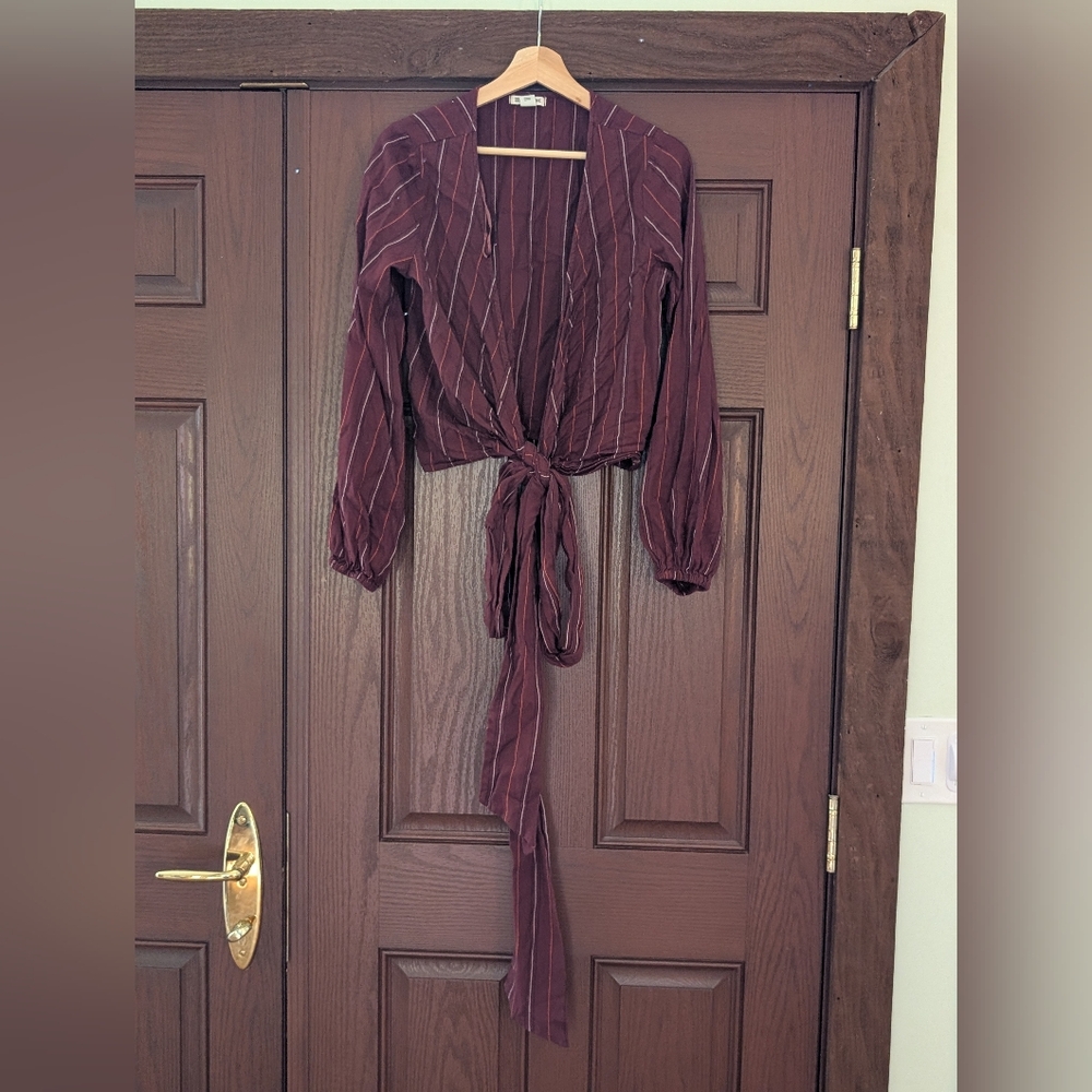 Striped Burgundy Tie-Front Blouse
